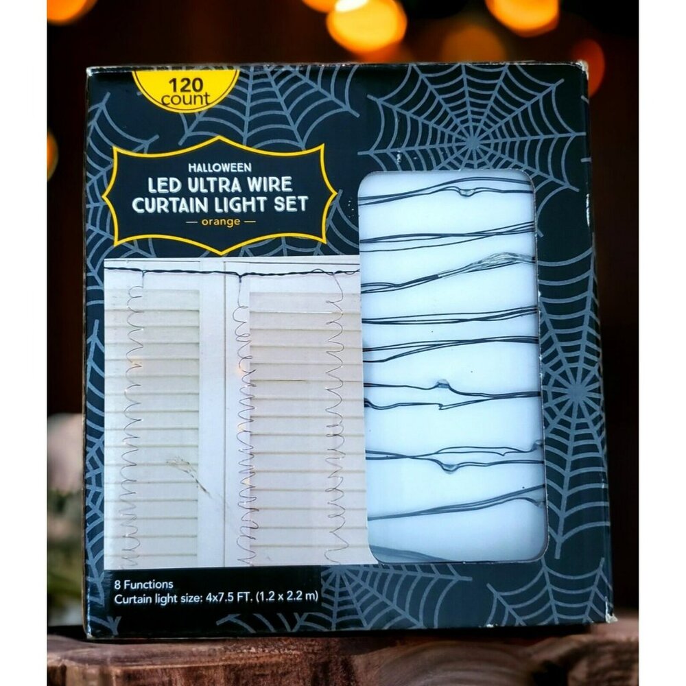 New Halloween LED Wire Curtain 120 Light Set Electric 8 Functions Orange Lights